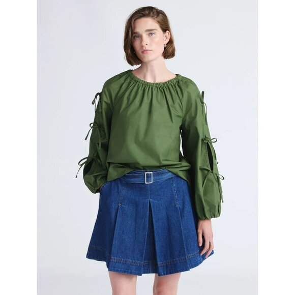 Free Assembly Women's Gathered Neck Cotton Top, Long Tie Sleeves, Size M (8-10) - Picture 2 of 4